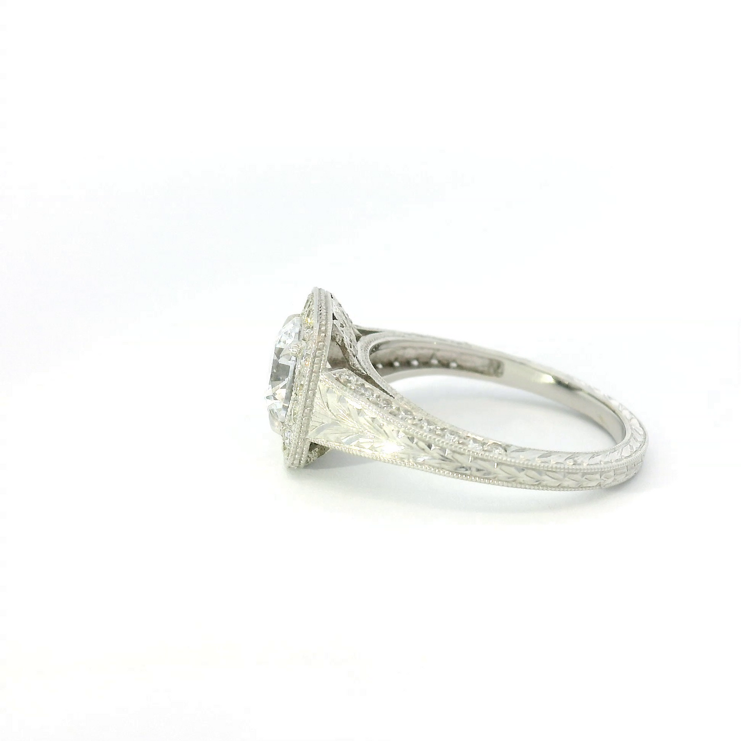 Diamond Halo w/ Miligrain Edge & Engraved Sides Semi-Mount Engagement Ring