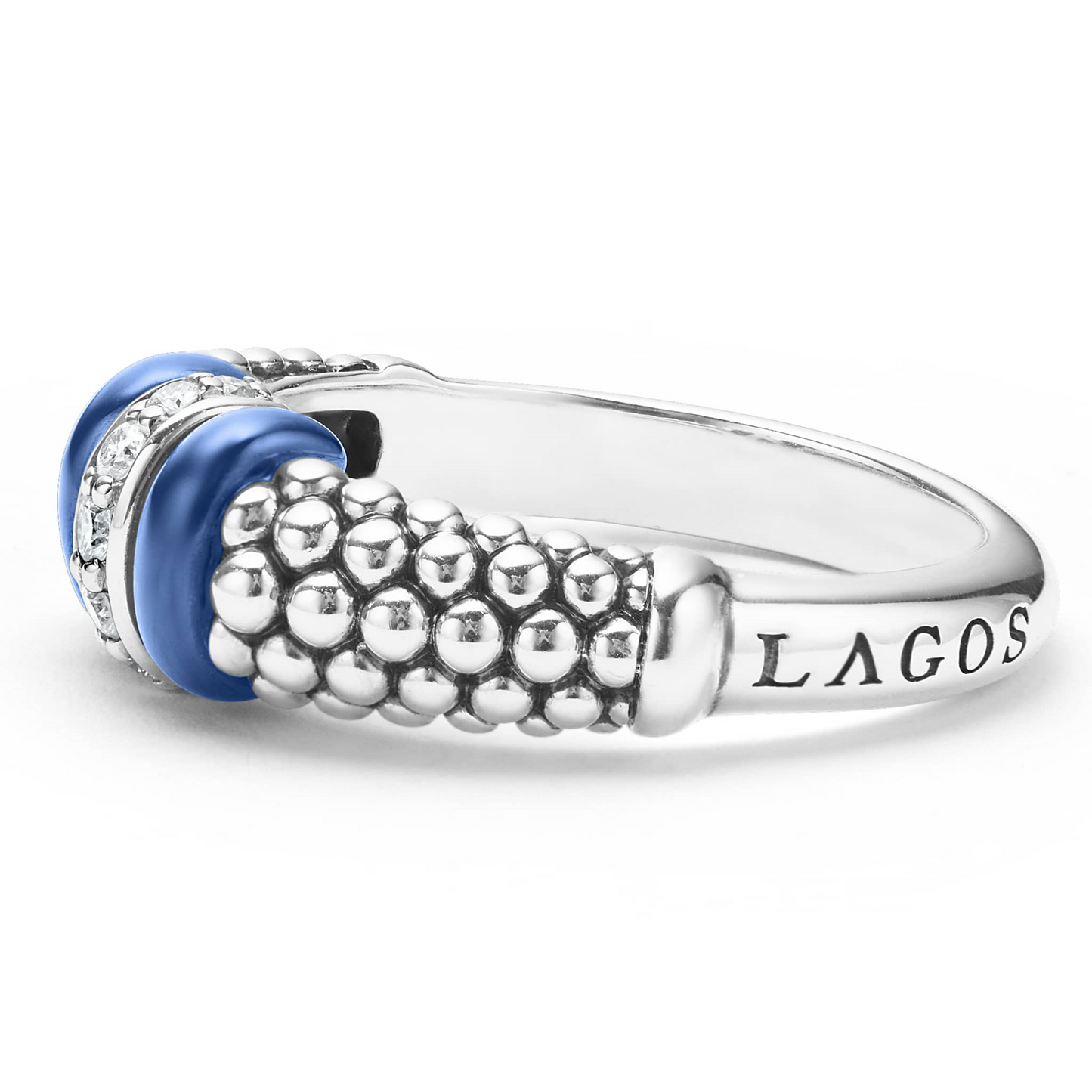 Lagos Ultramarine Ceramic and Diamond Caviar Ring in Sterling Silver