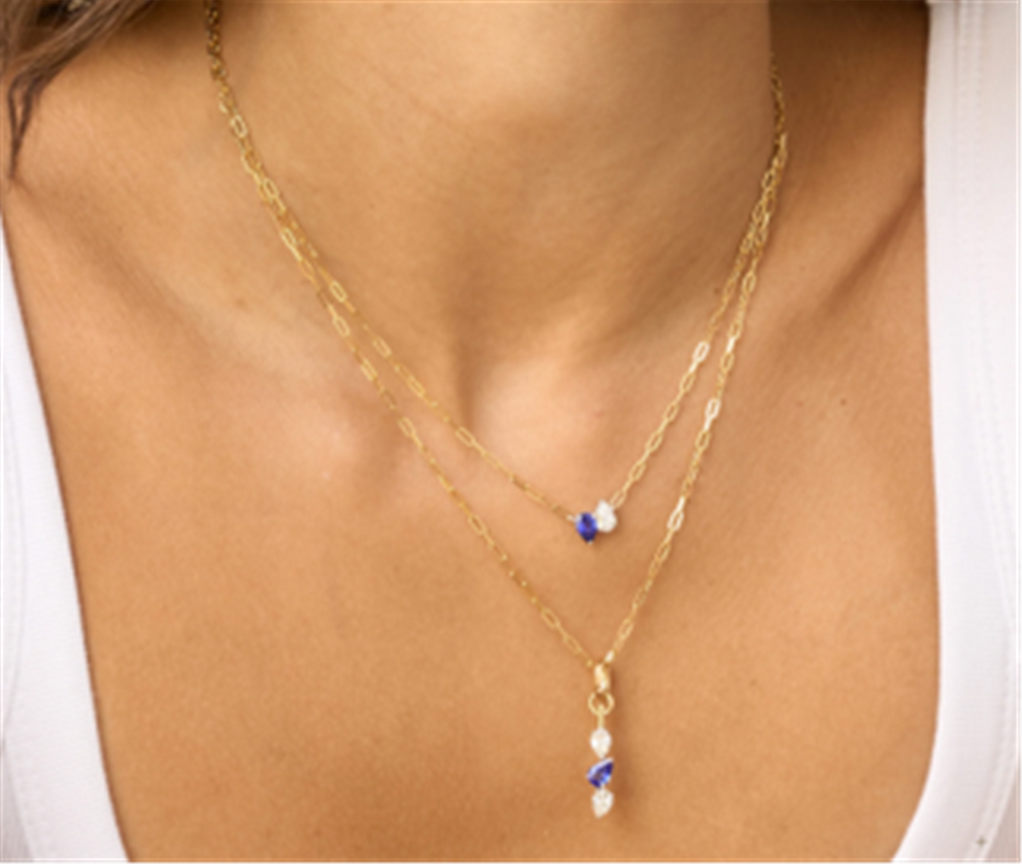 Phillips House Pear Diamond & Sapphire Triple Drop Necklace in 18k Yellow Gold & Platinum
