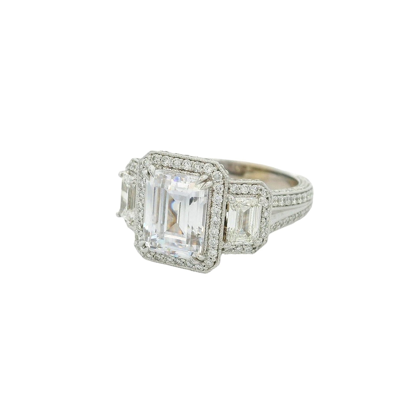 Couture 3 Stone & Diamond Halo Ring Setting in 18k White Gold