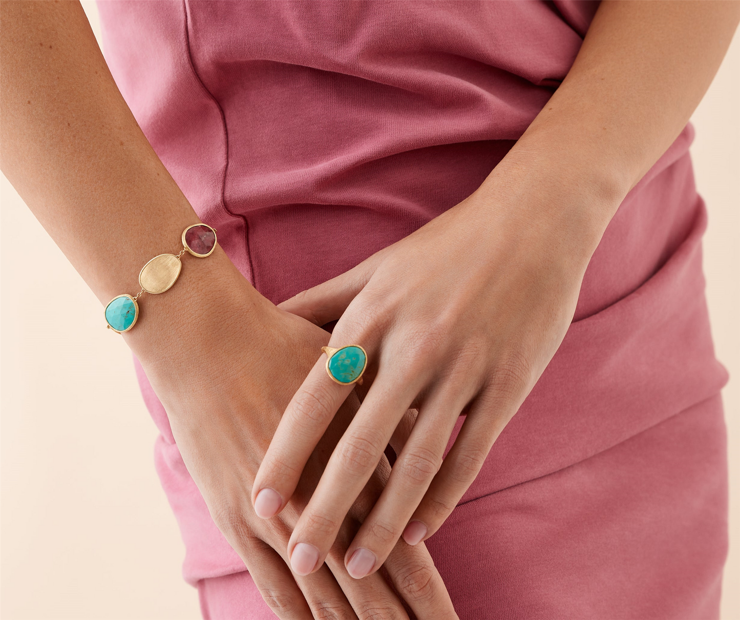 Marco Bicego Lunaria 18k Gold Gemstone and Petal Bracelet w/Thulite, Turquoise & Charoite