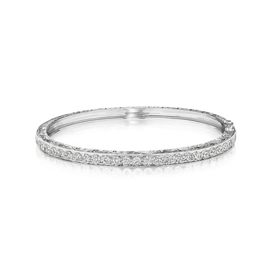 Penny Preville Engraved Diamond Bangle in 18k White Gold