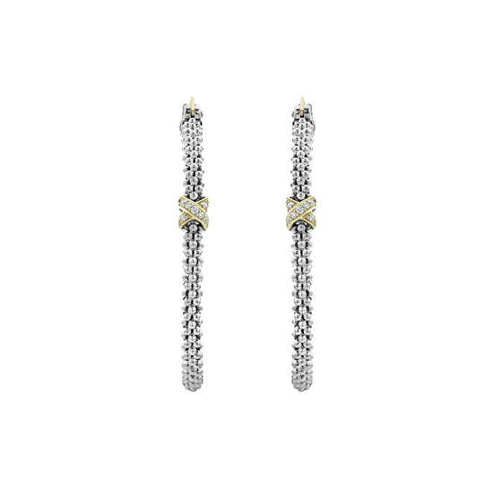 Lagos Diamond Caviar Large X Hoop Earrings in Sterling Silver