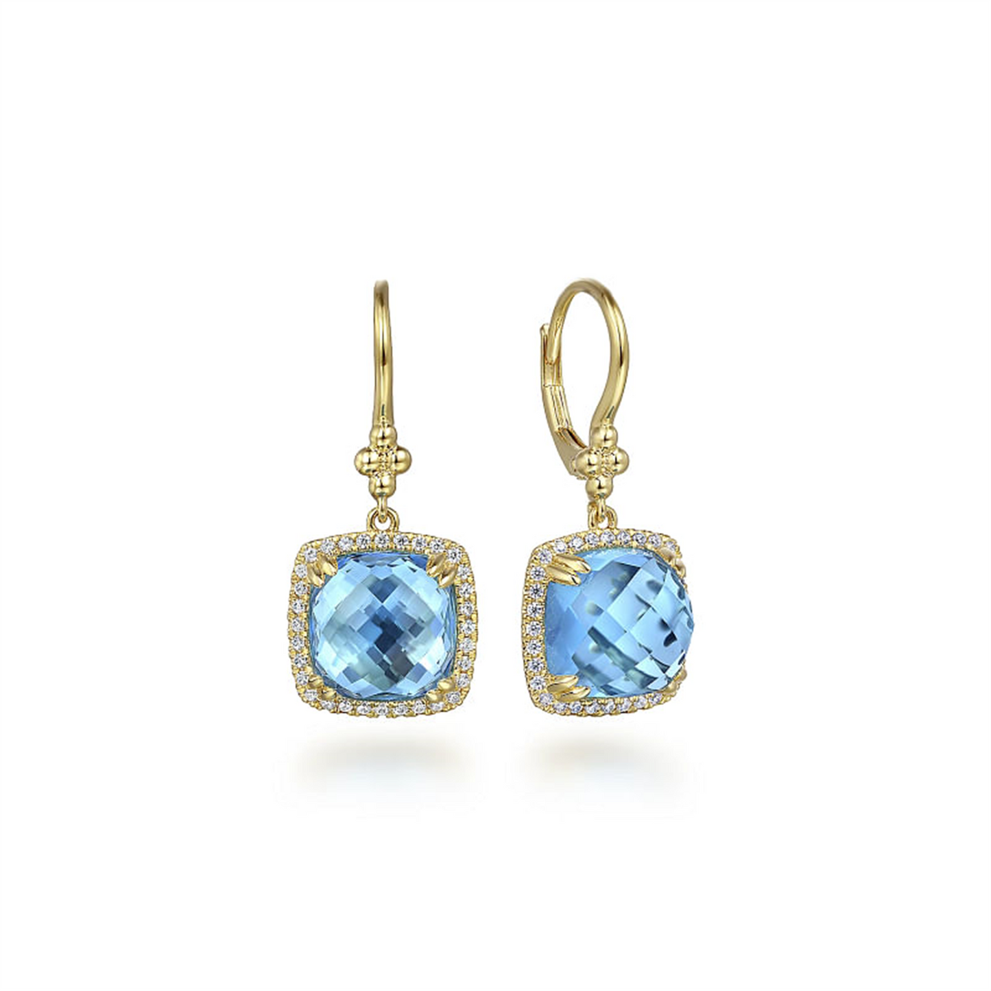 Gabriel & Co. Gold Cushion Blue Topaz’s with Diamond Halo Earrings