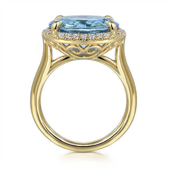 Gabriel & Co. Gold Diamond & Oval Blue Topaz Ladies Ring
