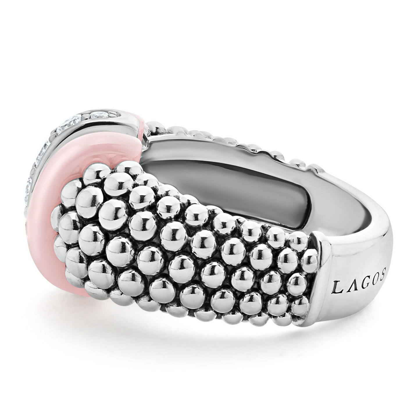 Lagos Pink Ceramic Caviar Diamond Ring in Sterling Silver