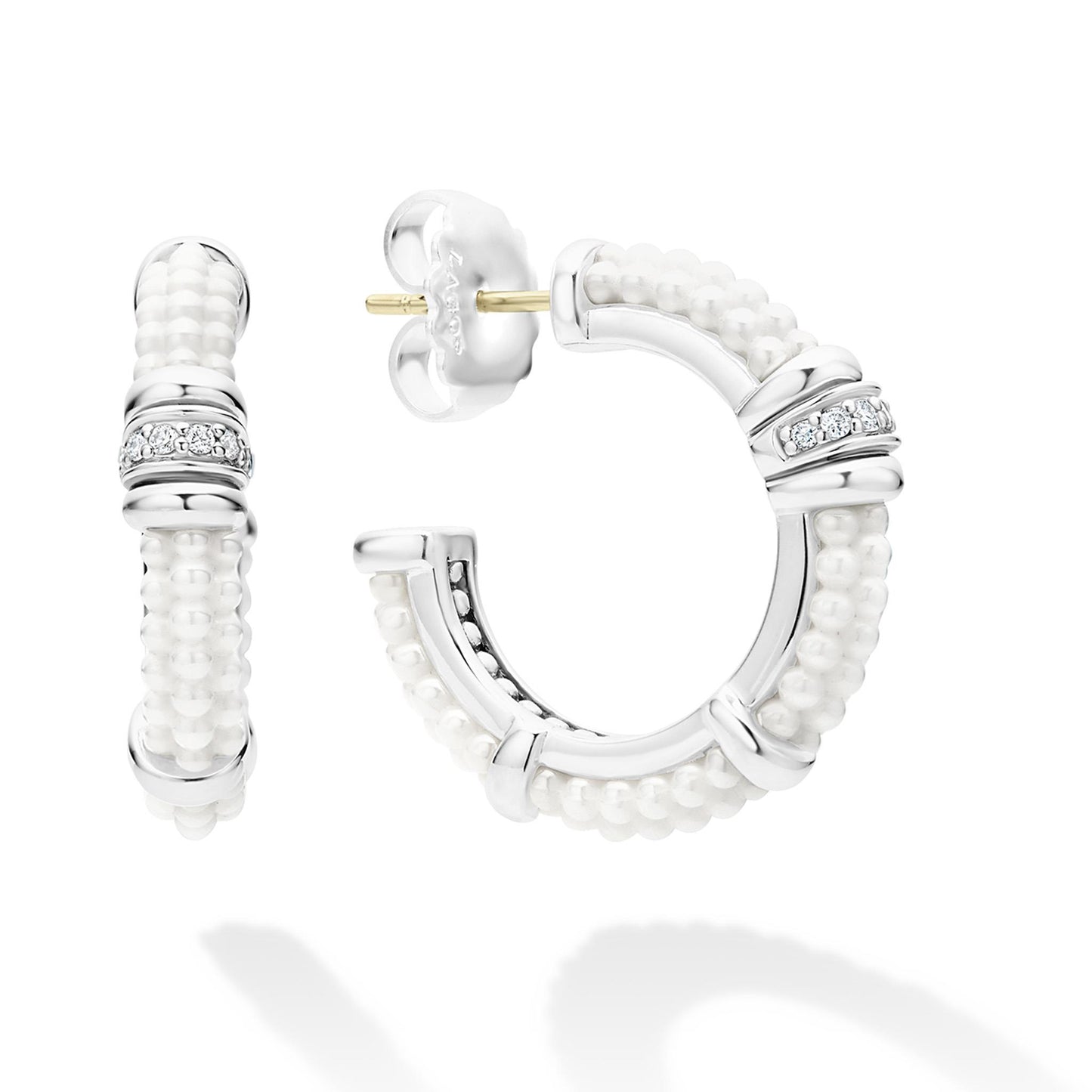 Lagos White Ceramic and Diamond Hoop Earrings