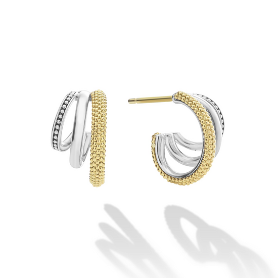 Lagos Two-Tone Three Ring Hoop Earrings in Sterling Silver and 18k Gold