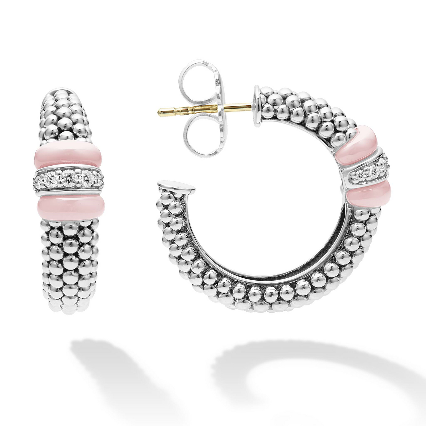 Lagos Pink Ceramic Caviar Hoop Earrings w/ Diamonds