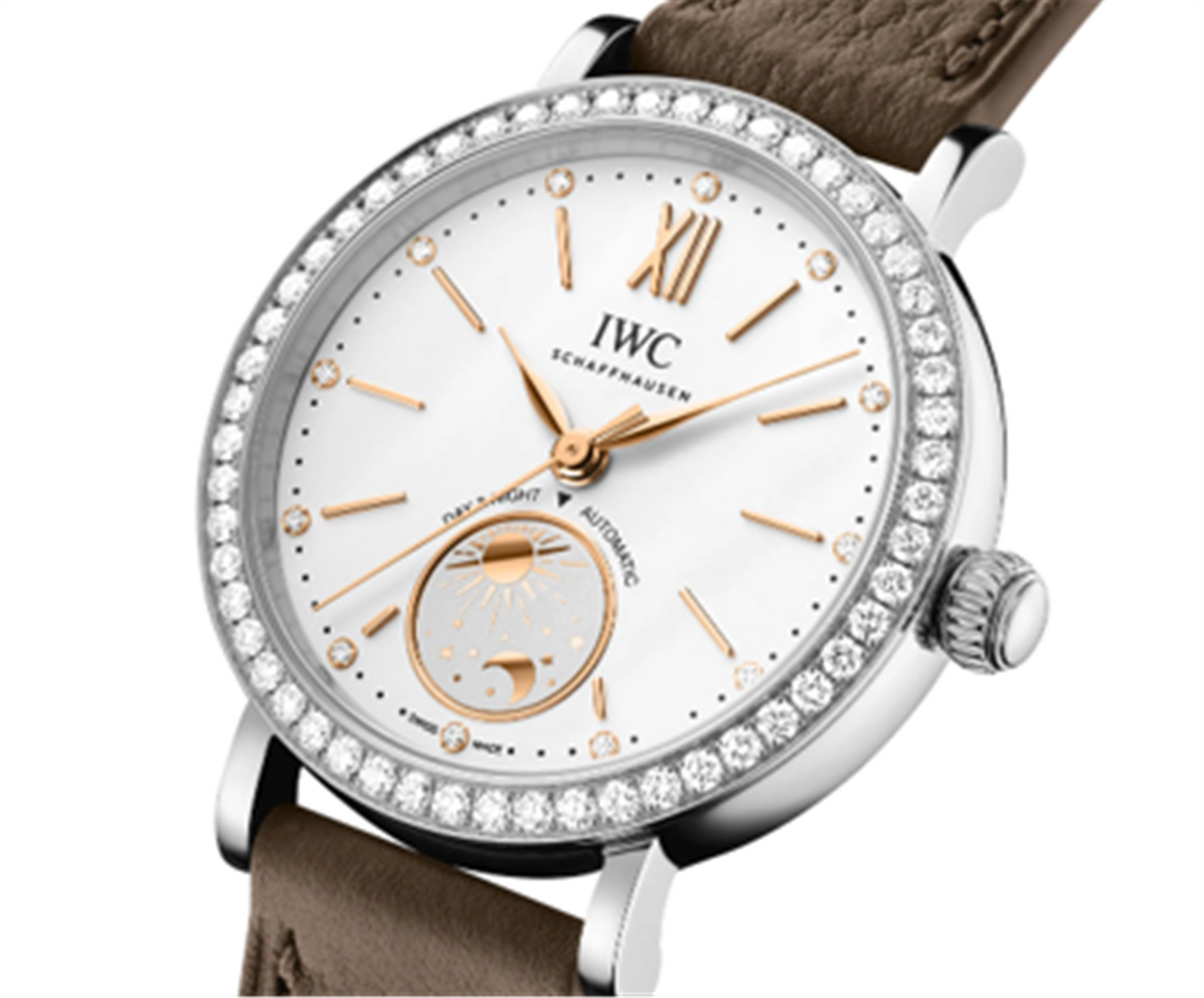 IWC Schaffhausen Stainless Steel Portofino Automatic Day & Night 34 w/ Silver Dial and Taupe Calf Strap