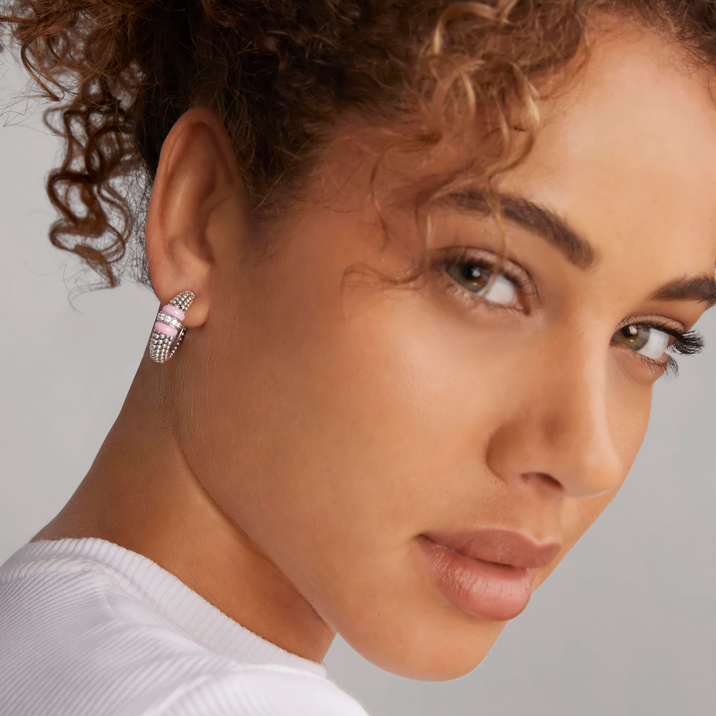 Lagos Pink Ceramic Caviar Hoop Earrings w/ Diamonds