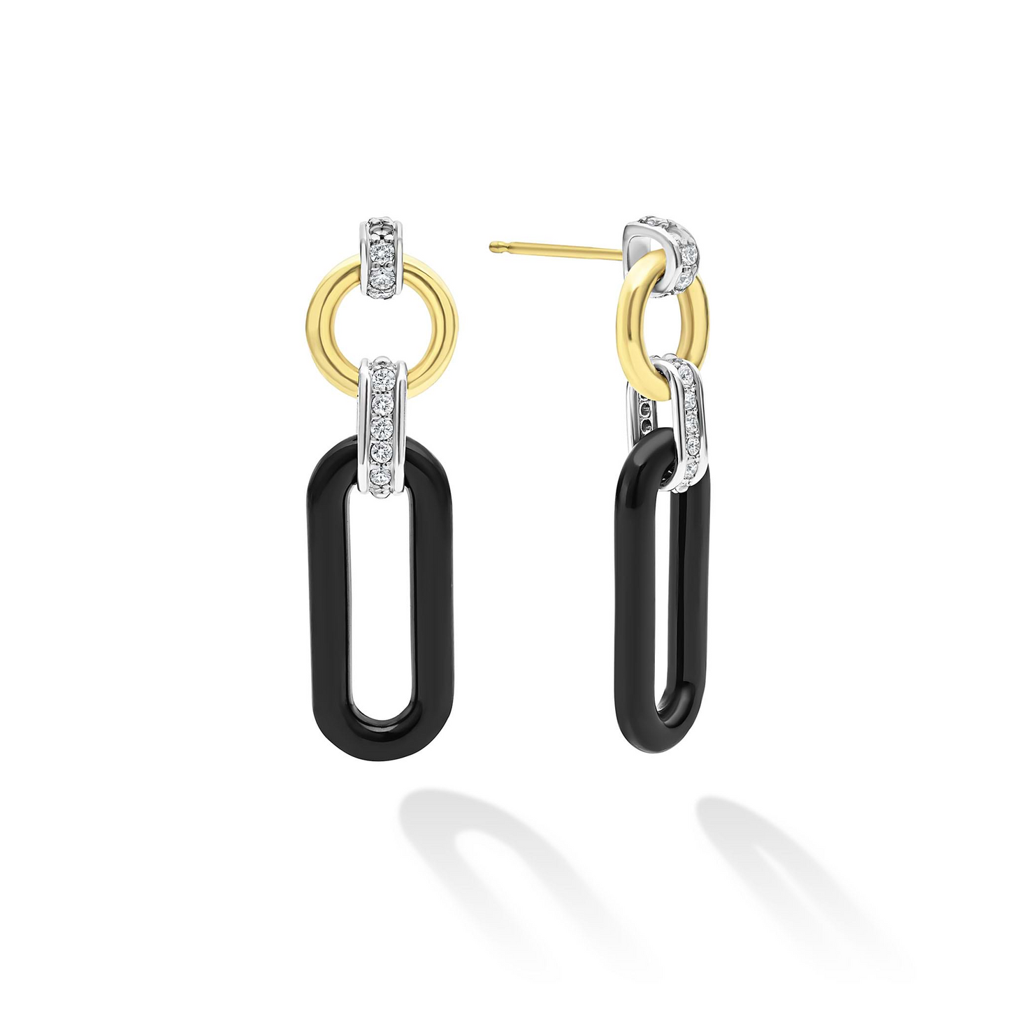 Lagos Link Drop Diamond Earrings in Sterling Silver, 18k Gold and Black Ceramic