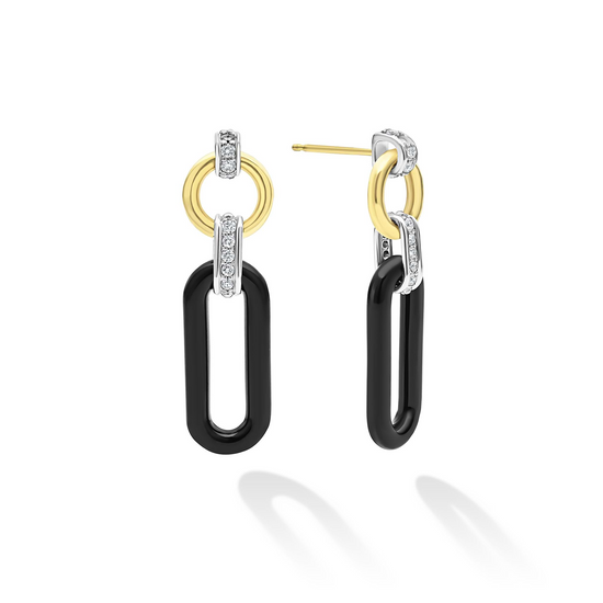 Lagos Link Drop Diamond Earrings in Sterling Silver, 18k Gold and Black Ceramic