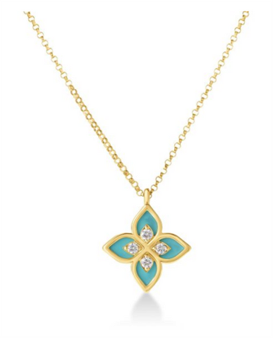 Roberto Coin 18k Yellow Gold Venetian Princess Diamond & Cyan Enamel Flower Necklace