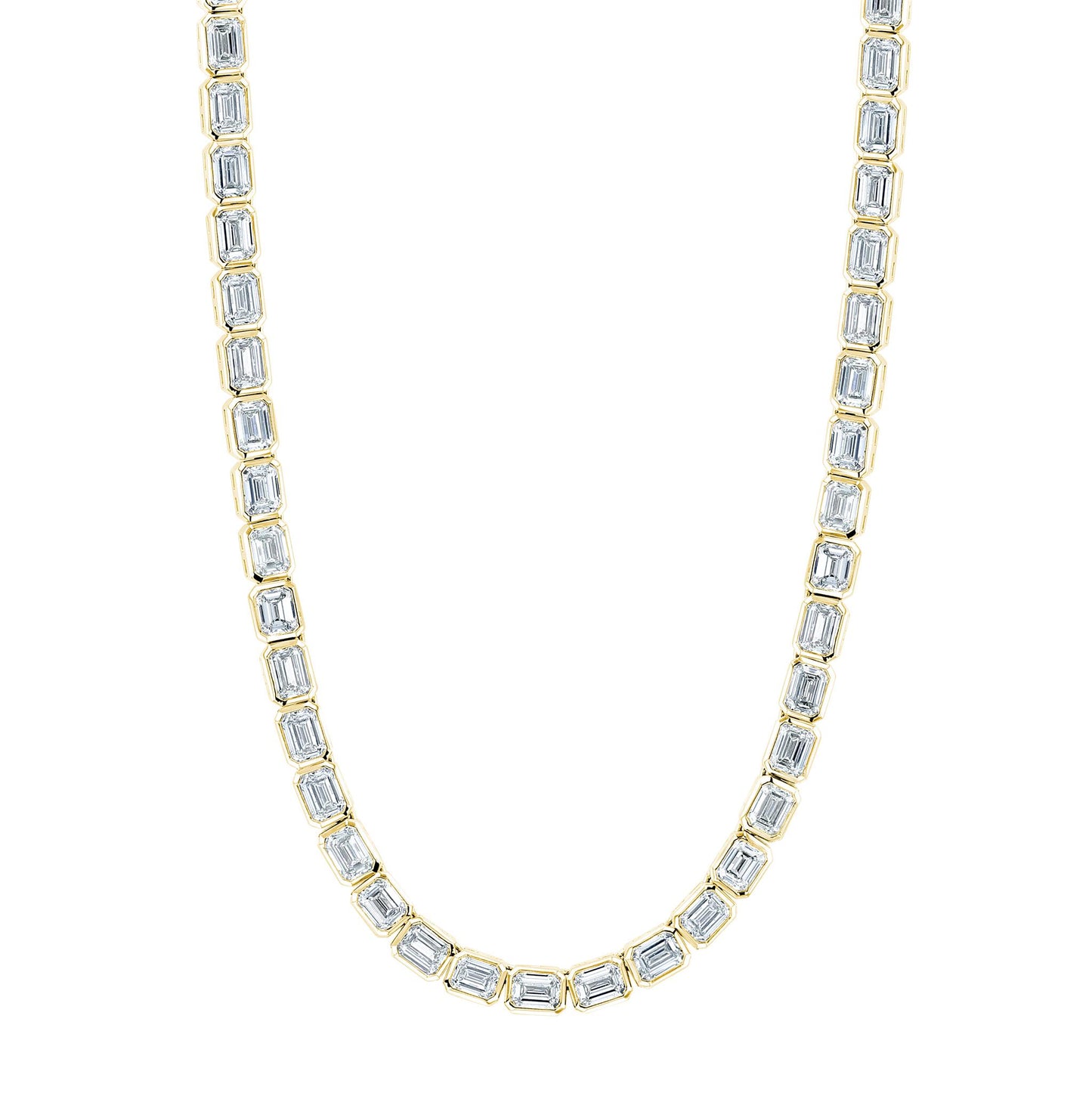 Joshua J  East/West Emerald Cut Bezel Set Diamond Necklace in 18k Gold