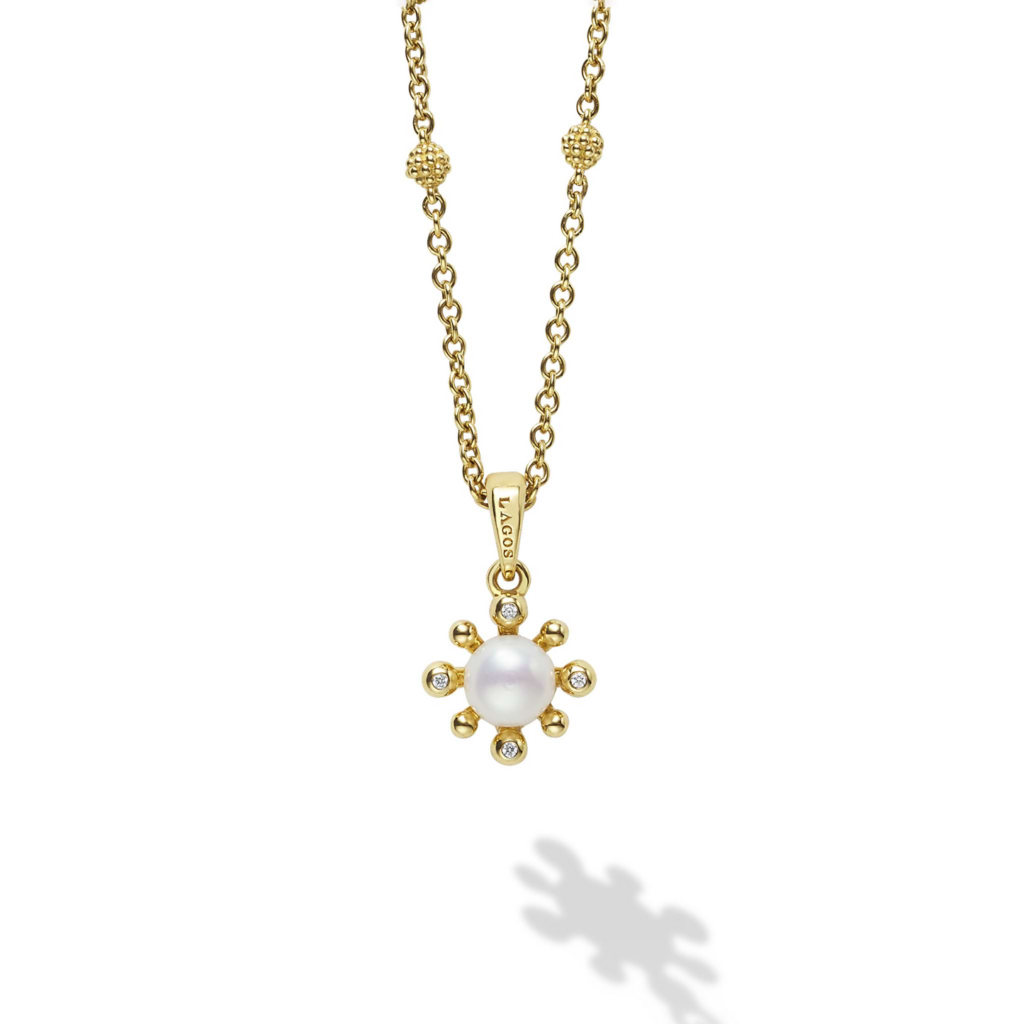 Lagos 18k Gold Petite Fleur Pearl Diamond Pendant Necklace