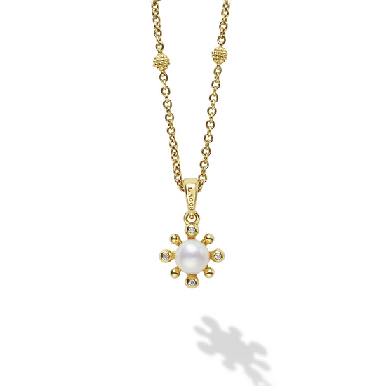 Lagos 18k Gold Petite Fleur Pearl Diamond Pendant Necklace