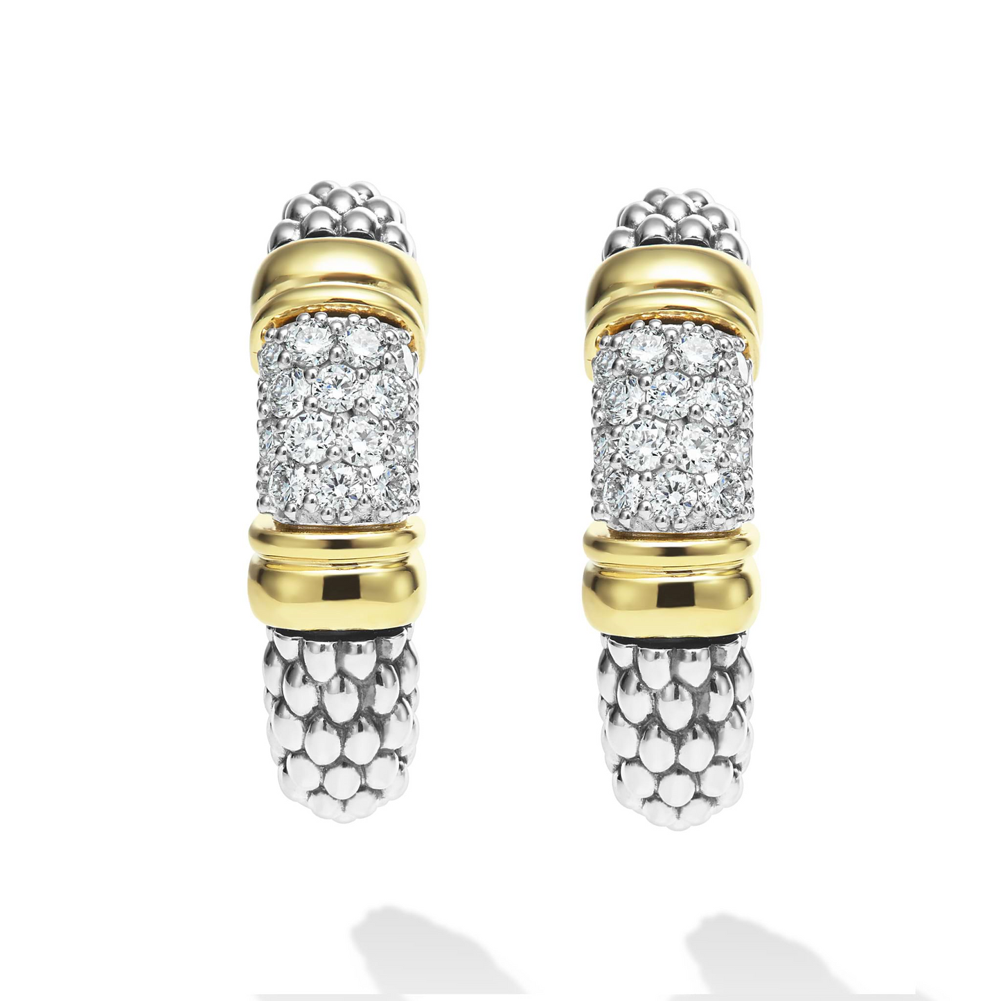 Lagos Two-Tone Caviar Diamond Hoop Earrings in Sterling Silver and 18k Gold