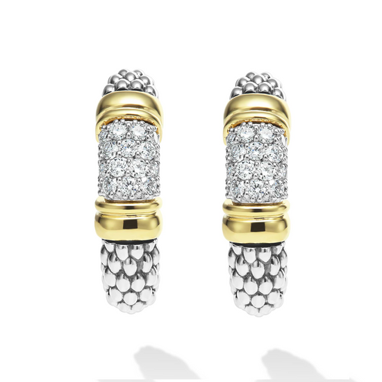 Lagos Two-Tone Caviar Diamond Hoop Earrings in Sterling Silver and 18k Gold