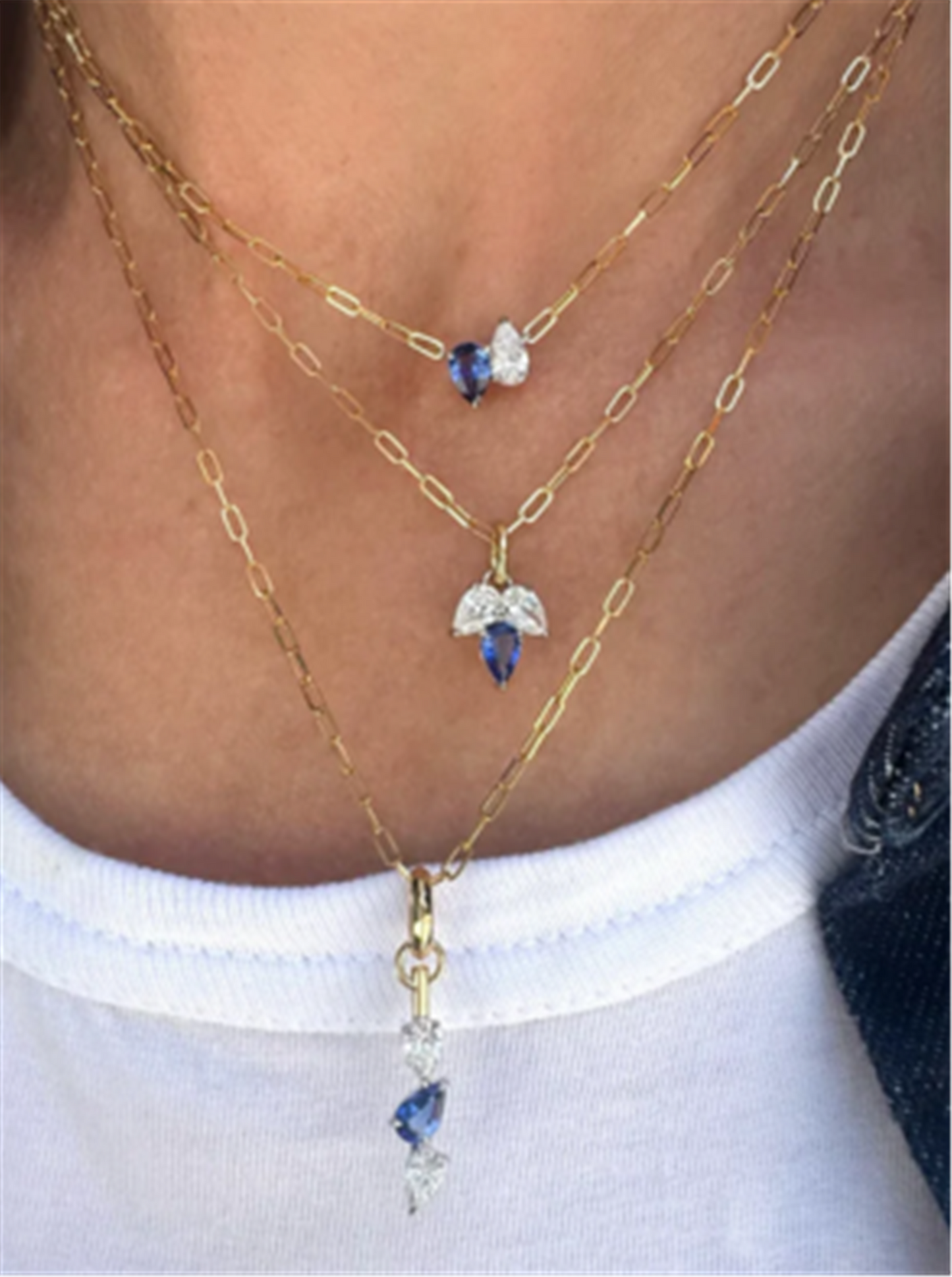 Phillips House Pear Diamond & Sapphire Triple Drop Necklace in 18k Yellow Gold & Platinum