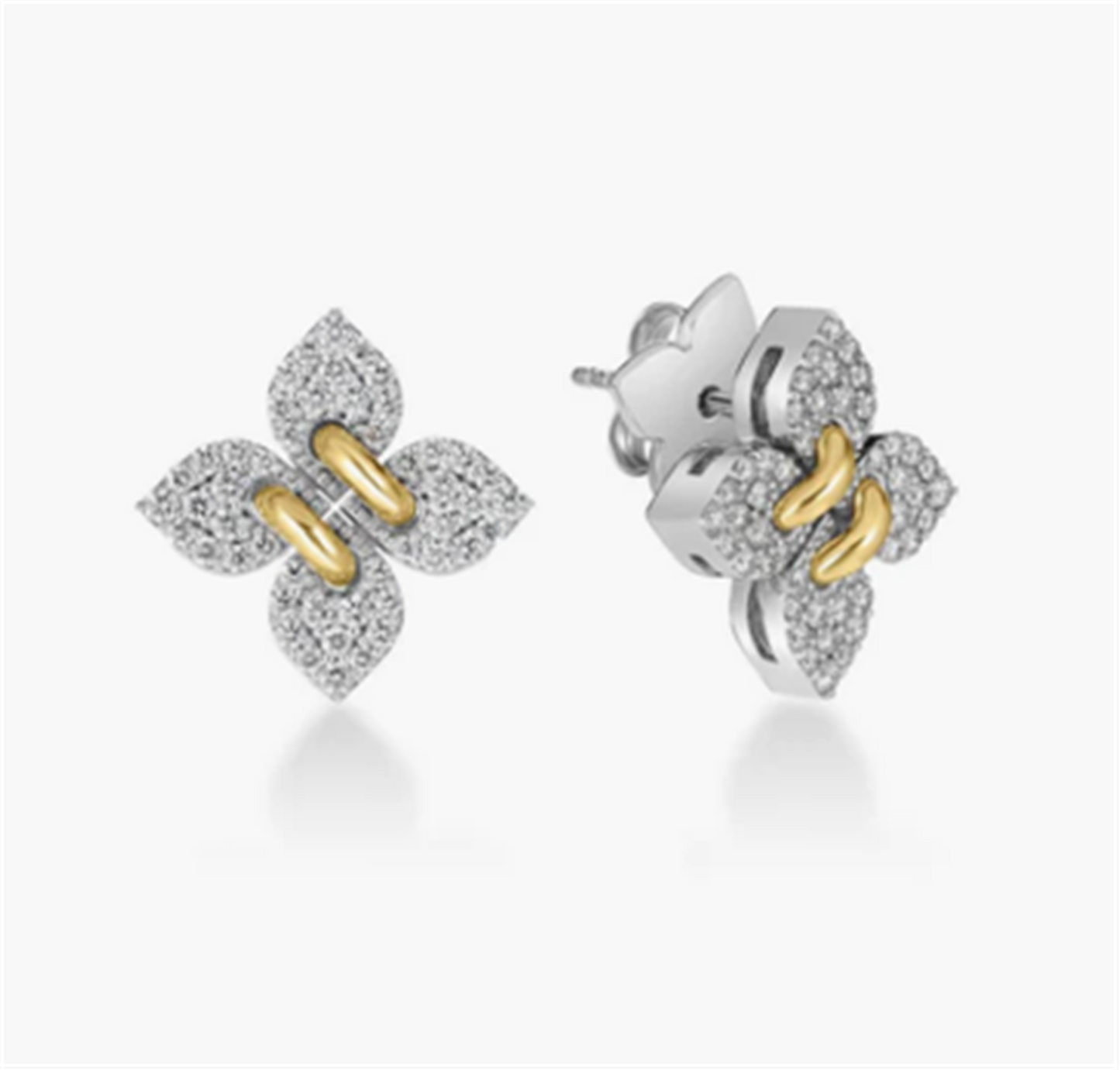 Roberto Coin Love in Verona Small Pave Diamond Flower Studs in 18k Two Tone
