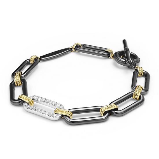Lagos 18k Gold and Black Ceramic Diamond Station Link Bracelet - 10mm