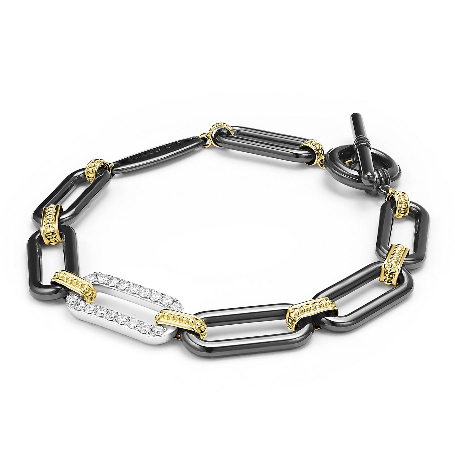Lagos 18k Gold and Black Ceramic Diamond Station Link Bracelet - 10mm