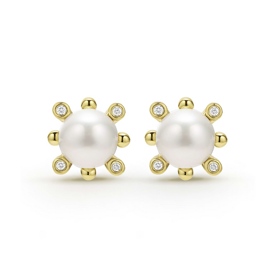 Lagos Fleur Pearl w/ Diamonds Stud Earrings in 18k Gold