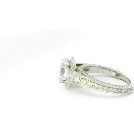 Couture Milgrain Beading Oval Center Engagement Ring Setting in 18k White Gold