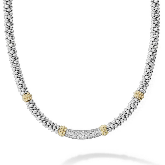 Lagos Caviar 18" Diamond Necklace in Sterling Silver and 18k Gold - 5mm