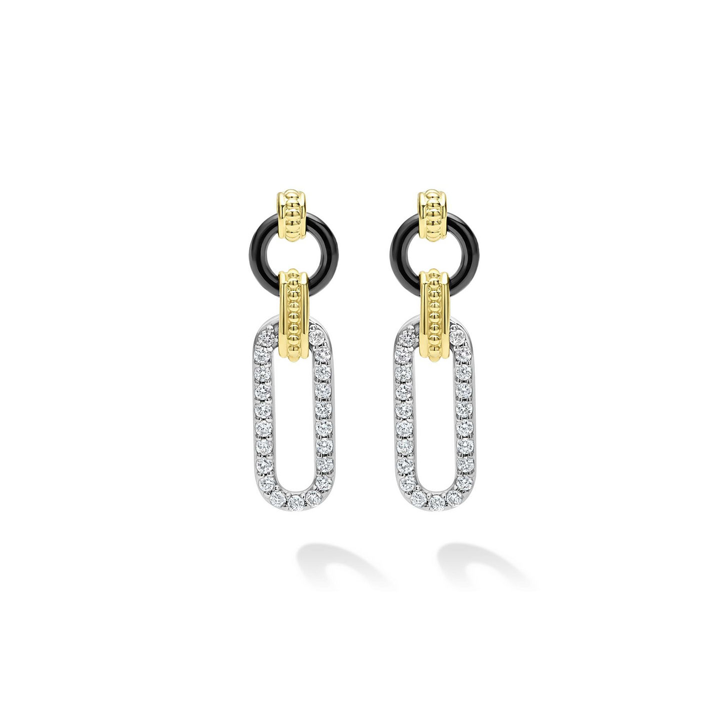 Lagos Link Drop Earrings, Small in Sterling Silver, 18k Gold and Black Ceramic Diamond