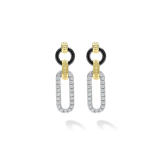 Lagos Link Drop Earrings, Small in Sterling Silver, 18k Gold and Black Ceramic Diamond
