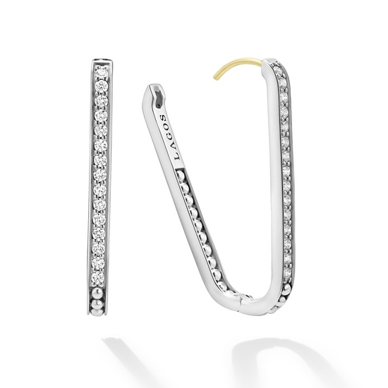 Lagos Large Linear Diamond Hoop Earrings in Sterling Silver