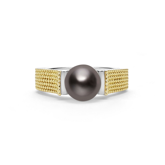 Lagos Two-Tone Tahitian Black Pearl Ring in Sterling Silver and 18k Gold