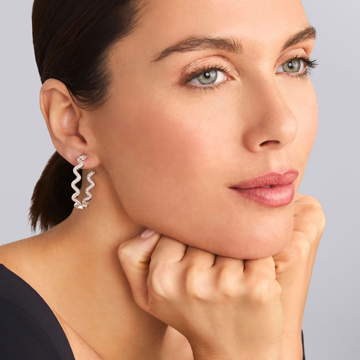 Lagos Large Wave Diamond Hoop Earrings in Sterling Silver