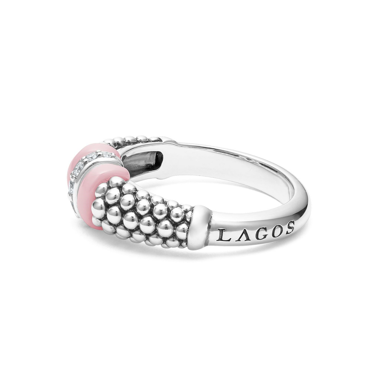Lagos Pink Ceramic and Caviar Diamond Ring in Sterling Silver