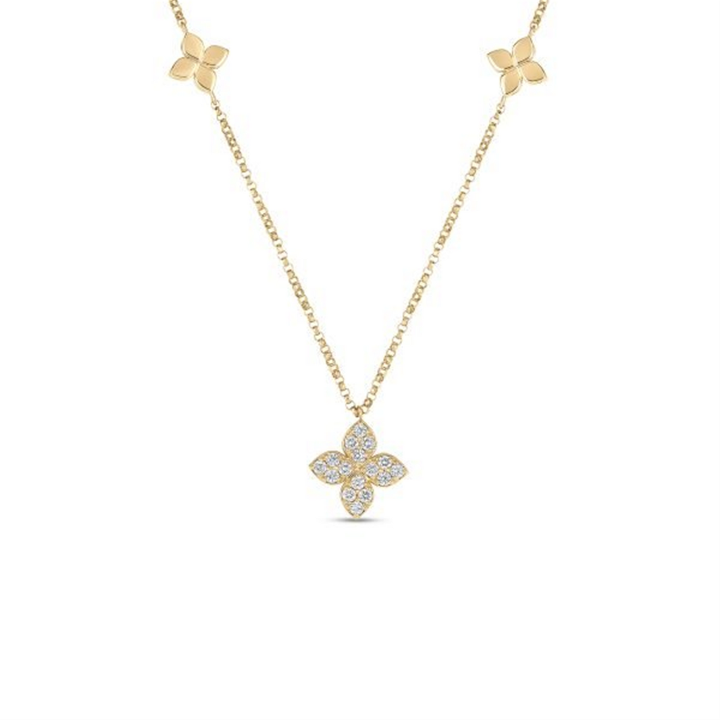 Roberto Coin Love in Verona Diamond & Polished Flower Station Necklace in 18k White Gold