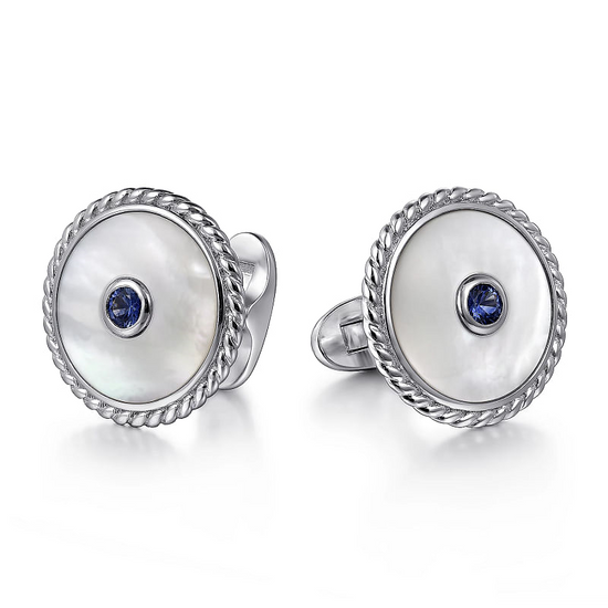 Gabriel & Co. Round Cufflinks with Mother of Pearl & Sapphire