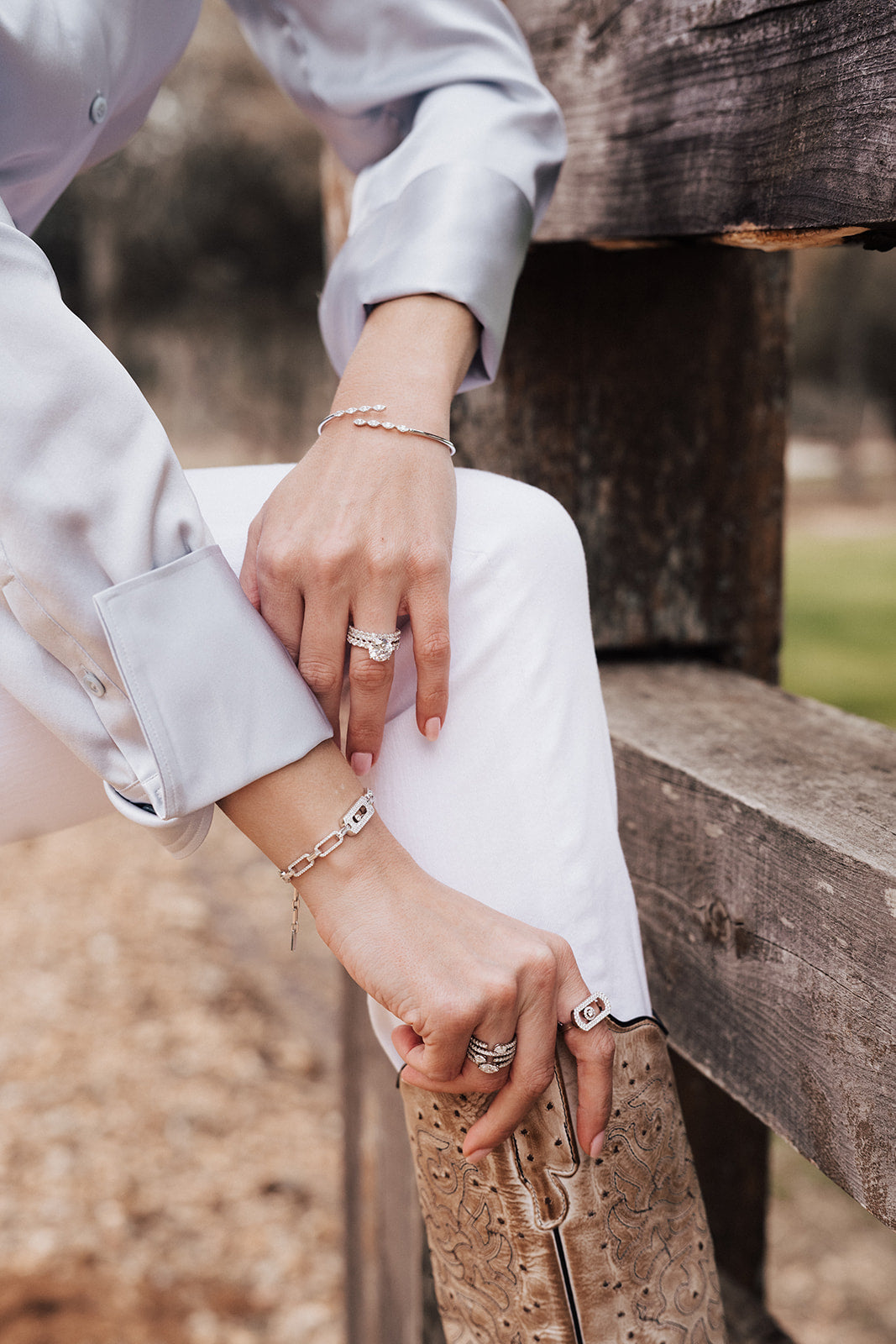 Model Wearing Diamond Bangles and Rings