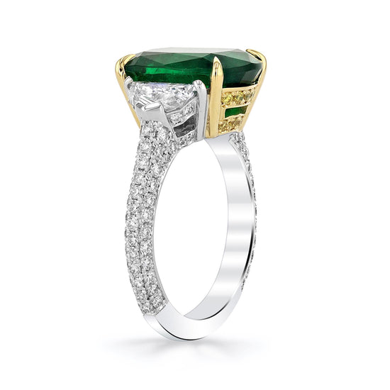 Joshua J Platinum 8.48ct Cushion Cut Emerald w/ Cadillac Diamonds & Pavé Shank