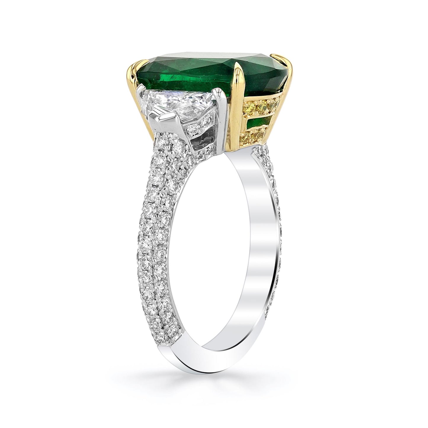 Joshua J Platinum 3.63ct Cushion Cut Emerald w/ Cadillac Diamonds & Pavé Shank