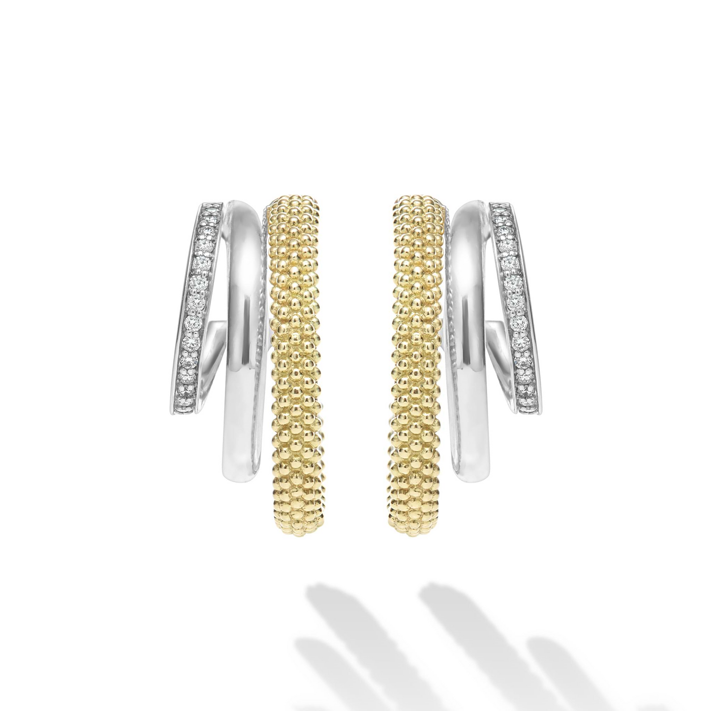 Lagos Two-Tone Three Ring Diamond Hoop Earrings in Sterling Silver & 18k Gold