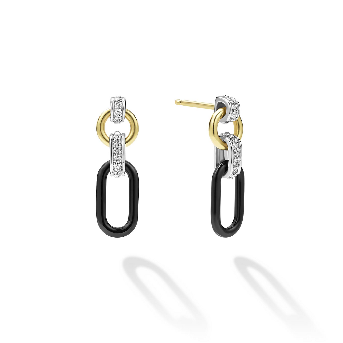 Lagos Diamond Link Drop Earrings, Small in 18k Gold and Black Ceramic