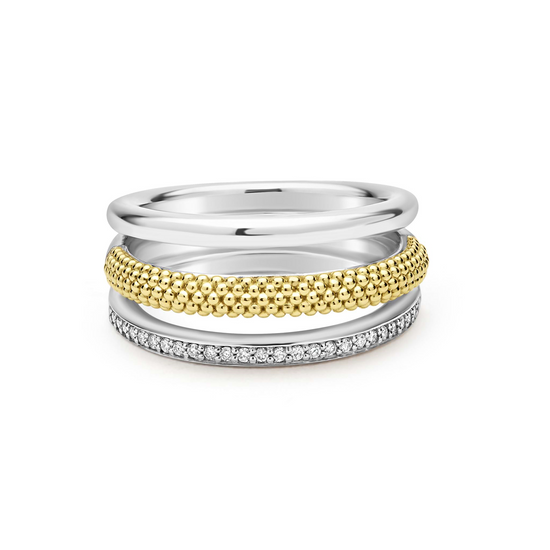 Lagos Two-Tone Three Row Diamond Ring in Sterling Silver and 18k Gold