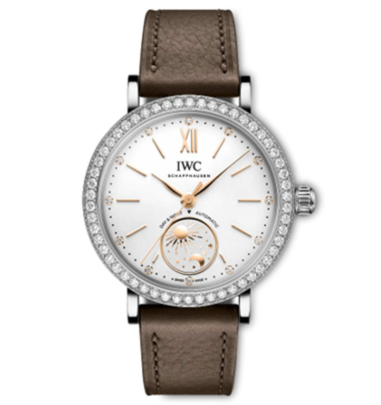 IWC Schaffhausen Stainless Steel Portofino Automatic Day & Night 34 w/ Silver Dial and Taupe Calf Strap