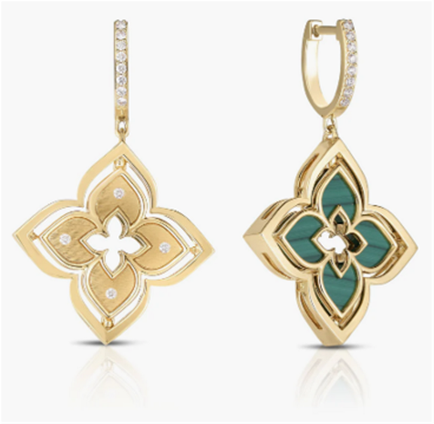Roberto Coin Venetian Princess Piroutte Medium Flower Drop Diamond/Malachite Earrings in 18k Gold