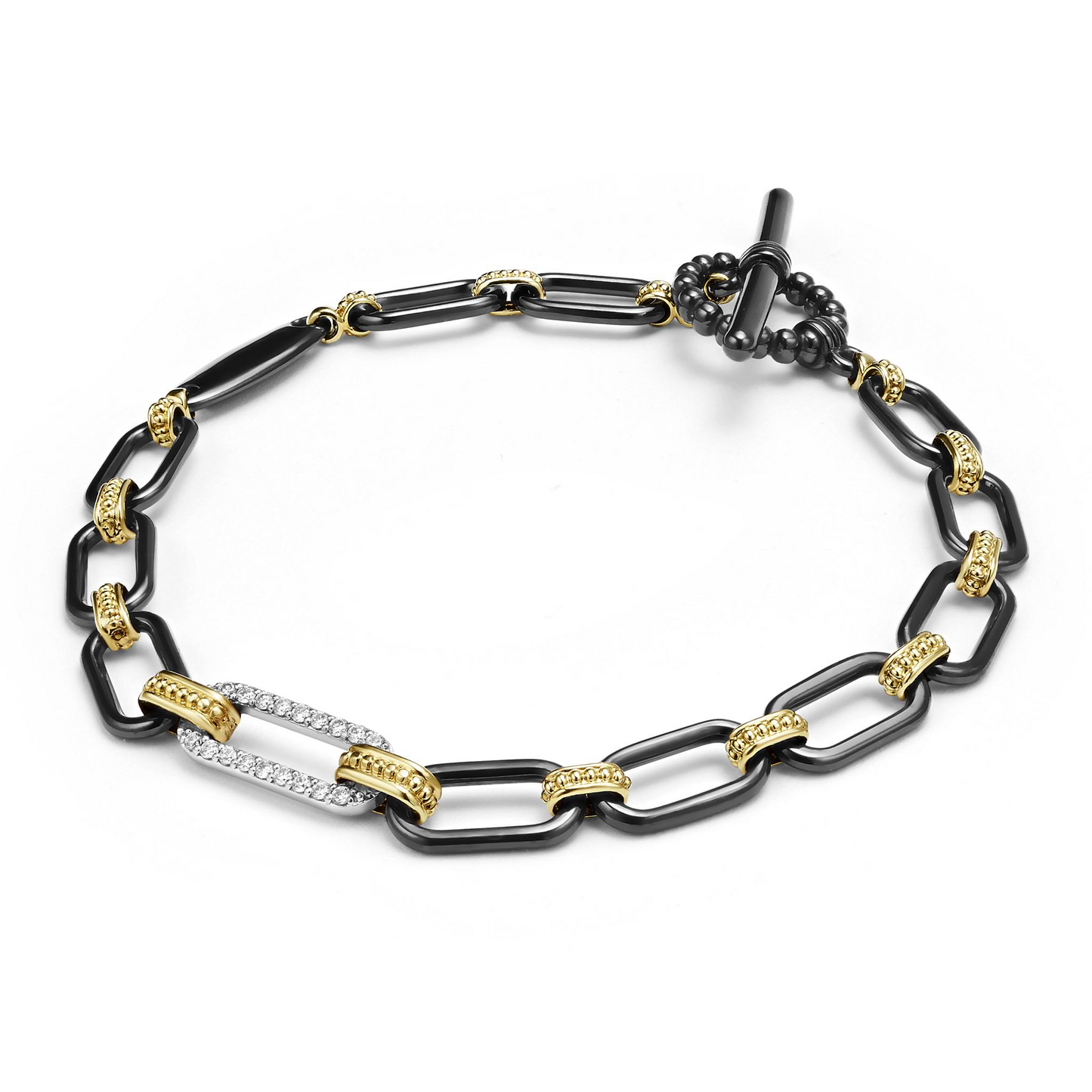 Lagos 18k Gold and Black Ceramic Diamond Station Link Bracelet