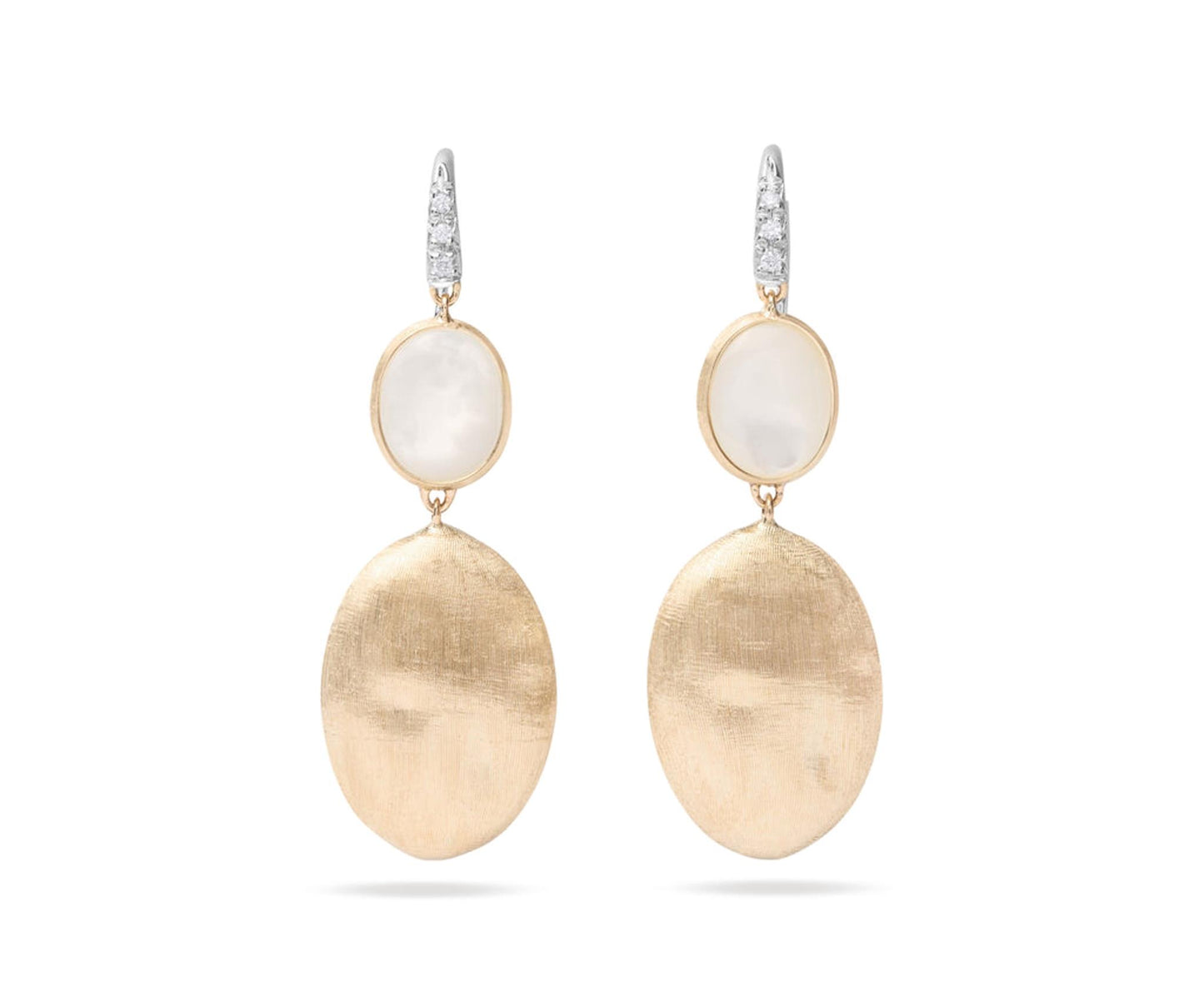 Gold & Mother of Pearl Two Drop Hook Earrings w/ Diamond Accent