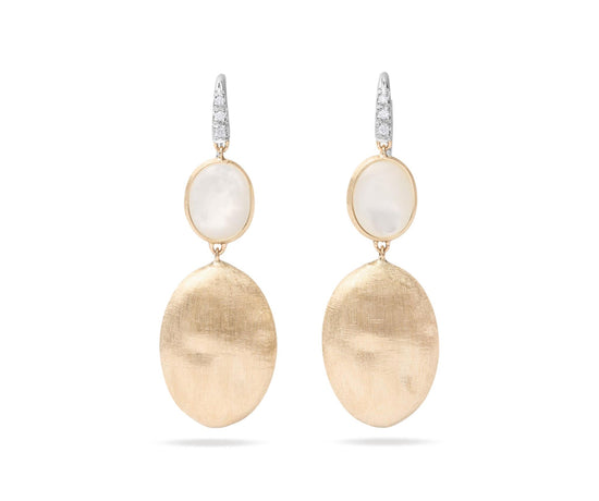 Gold & Mother of Pearl Two Drop Hook Earrings w/ Diamond Accent