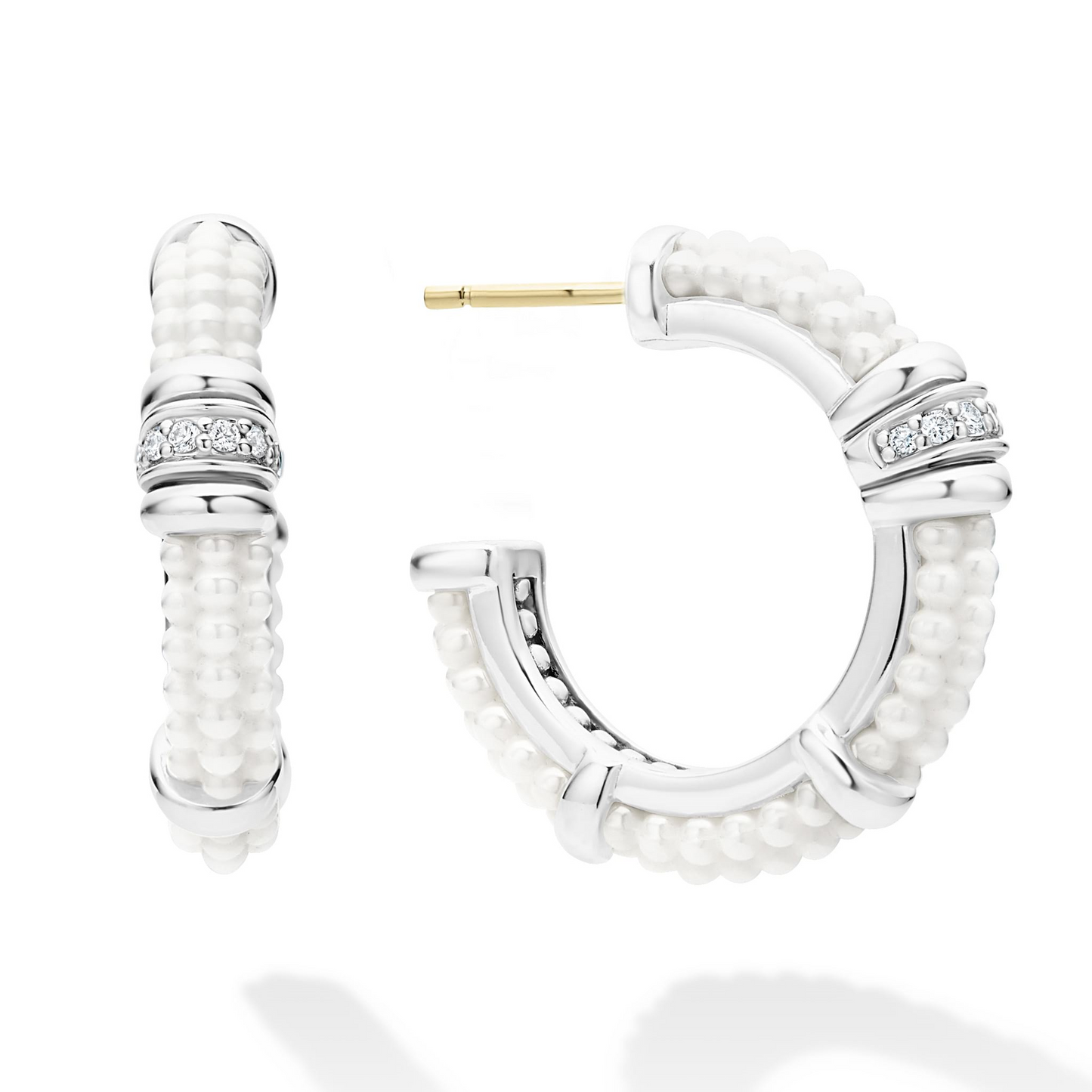 Lagos White Ceramic and Diamond Hoop Earrings